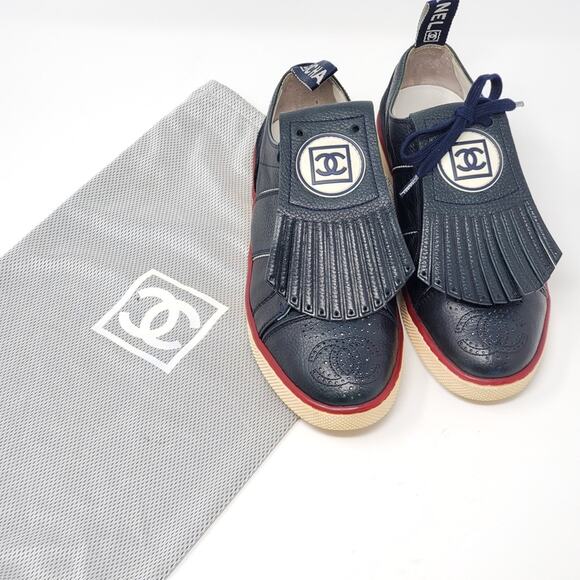 Chanel Blue Leather Fashion Low Top Sneakers Suede CC Logo Rare Blue Y2K - Picture 1 of 10